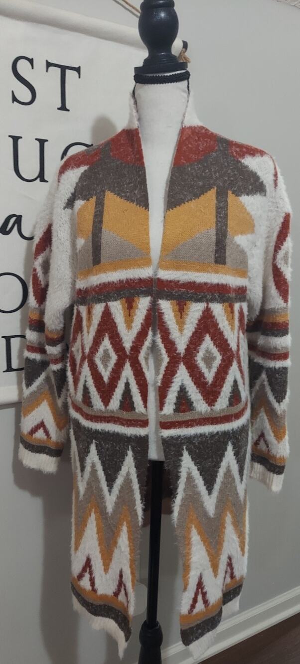 MM By My Michelle Southwestern Fuzzy Duster Cardigan Sweater Size S Aztec Chevro